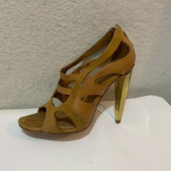 L.A.M.B. Tan Leather And Suede Strappy Sandals With Gold Heel Size 6 M - Picture 2 of 15